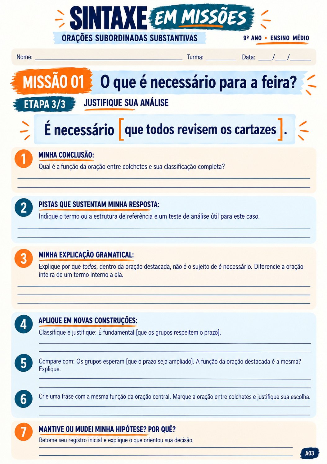 Página 3 da missão — Justifique a análise